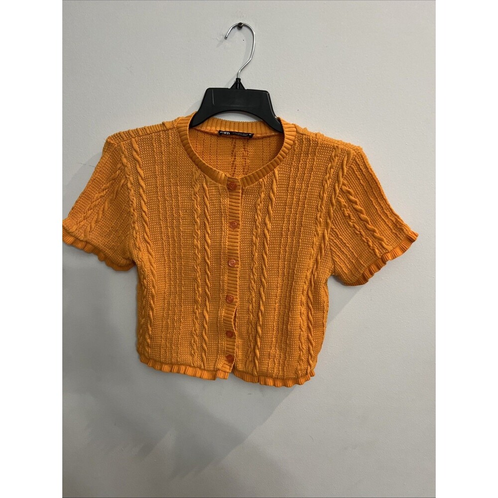 Zara Short Sleeve Ruffled Button Up Cardigan Md Orange Cottage Core Boho Y2K